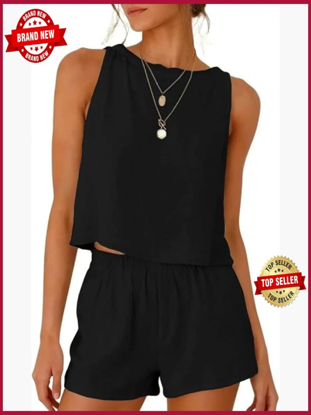 Womens Linen Blend Two Piece Tank Top & Shorts Set